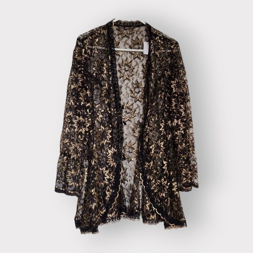 LACE BLOUSE BLACK & GOLD WITH BELL SLEEVES AND LOOP BUTTON WOMENS SIZE XL